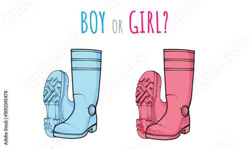Gender reveal party announcement concept. Pair of cute pastel blue and pink wellington rubber boots with "Boy or Girl?" text. Baby shower invitation card design isolated on white background. Pregnancy