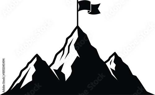 Black and white illustration of a flag atop a mountain peak symbolizing achievement and reaching goals