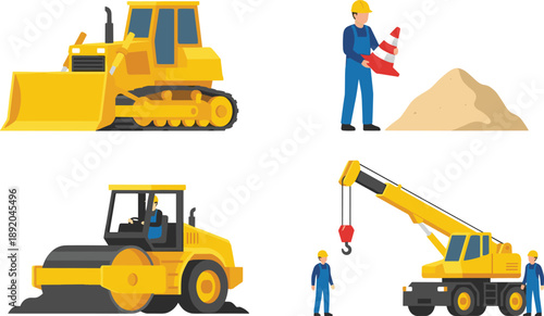 Construction equipment vector illustration set with bulldozer crane road roller and worker, heavy machinery industrial building site collection