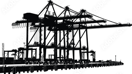 Container port crane silhouette illustration, industrial harbor cargo terminal, shipping logistics infrastructure, black and white dockside gantry crane artwork