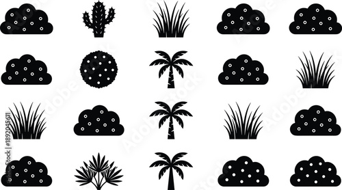 Bushes grass and desert plants silhouettes set, shrubs cactus palm trees collection, landscape vegetation icons, black and white nature illustrations