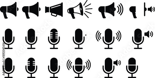 Audio megaphone and microphone icons vector set, sound announcement and voice recording symbols, speaker volume signs for media, broadcast, communication design
