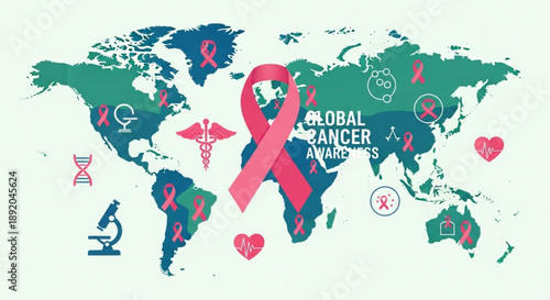 Global cancer awareness concept with pink ribbons and medical icons on world map illustration for health campaigns and support