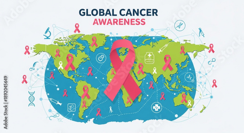 Global cancer awareness concept with pink ribbons on world map and medical icons representing worldwide health support and research