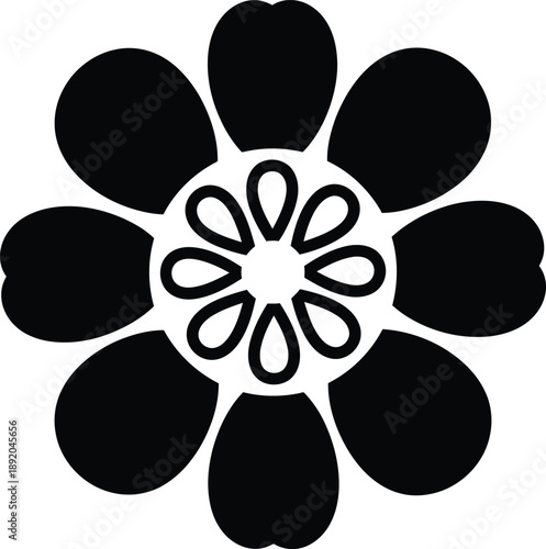 Stylized black and white floral pattern with eight petals and a central core