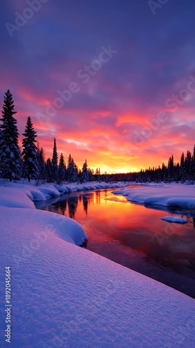 Wallpaper Mural Glorious winter sunrise illuminating a winding snowy river, flanked by frosted evergreen trees Torontodigital.ca