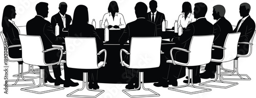 Corporate boardroom meeting silhouettes vector, executive roundtable discussion, business leadership team, board directors conference, corporate governance, 