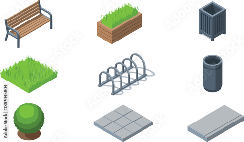 Isometric park elements vector set, outdoor urban furniture grass planter bench pavement trash bin and bicycle rack icons for city design