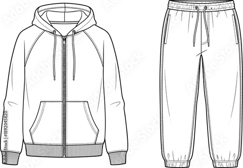 Hoodie and jogger pants technical fashion drawing set, front view outline, zipper pocket drawstring details, casual apparel flat sketch illustration