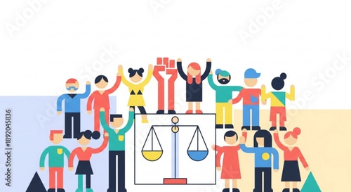 Diverse group of people celebrating justice and equality vector illustration with scales of justice symbol for human rights and legal concepts