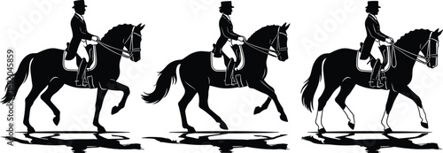 Equestrian rider and horse silhouettes set, classical dressage movements collection, elegant horseback riding poses, black and white sport illustrations