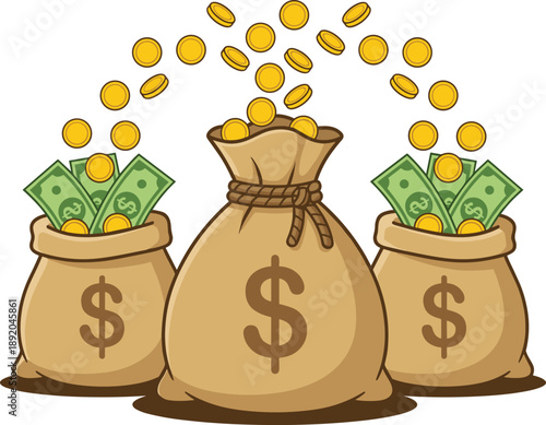 Money bag wealth concept vector illustration, dollar cash sacks with flying gold coins, financial success savings income investment isolated on white background