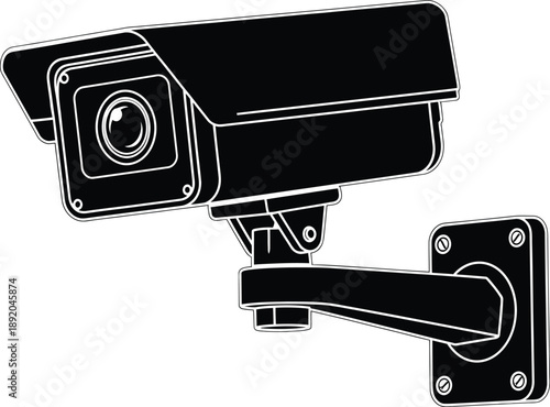 Security surveillance camera icon, black silhouette of a CCTV camera with mounting bracket on a white background for monitoring and protection
