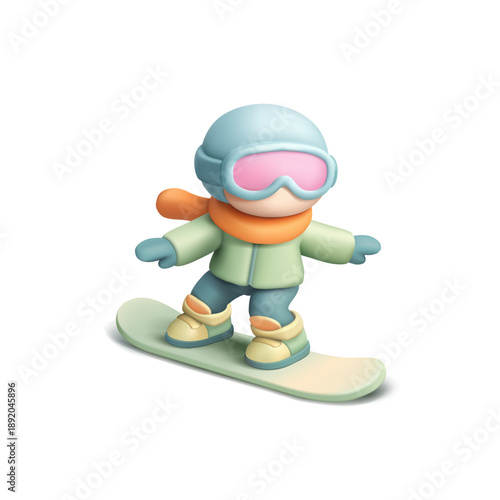 3D cute snowboarder character in winter suit, goggles on snowboard. Icon on white background. Winter sport, extreme, lifestyle, active holiday. Vector illustration.