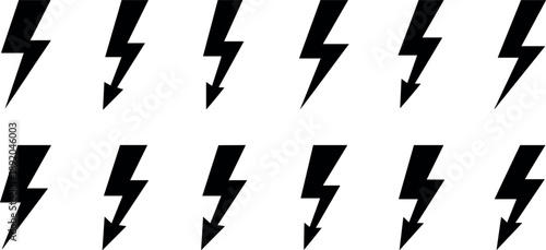 Set of black lightning bolt icons and thunder symbols isolated on white background for electricity, power, energy, and weather.