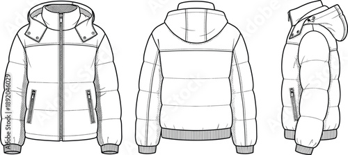 Puffer jacket technical fashion drawing set, front back side view outline, hood zipper pocket details, winter outerwear flat sketch illustration