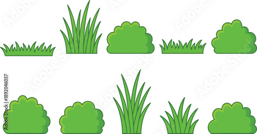 Green grass and bush elements vector set with different lawn plants shrubs foliage shapes for garden landscape design