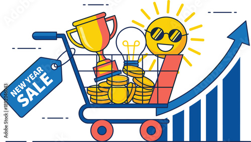 New year sale success illustration vector, shopping cart with trophy coins idea and growth chart, business profit marketing concept, flat design
