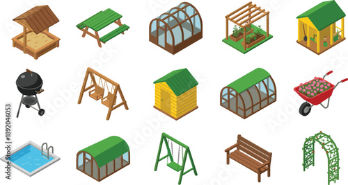 Garden and backyard elements isometric vector set, picnic furniture greenhouse shed swing pool barbecue wheelbarrow and outdoor decor illustrations