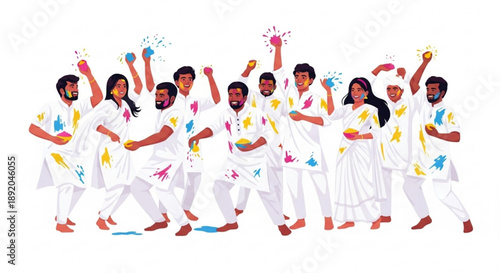 Group of people celebrating Holi festival throwing colorful powder and having fun illustration for cultural events and Indian traditions