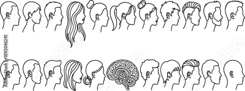Human head profile line art vector set, male and female face silhouettes collection, side view portrait outlines, hairstyle diversity icons, minimalist illustration