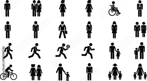Human pictogram icons vector set, male female and family silhouettes, people activities symbols including walking, running, cycling, disability and daily life icons