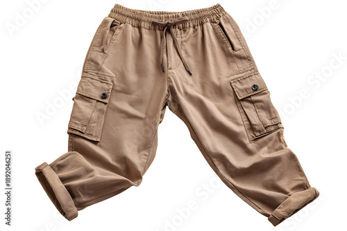 Khaki cargo pants with pockets isolated on transparent background