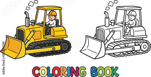 Kids bulldozer coloring page with construction vehicle and operator, fun activity sheet, heavy machinery outline, educational transport illustration, printable coloring art