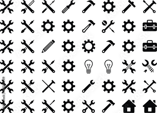 Repair and maintenance tools icon set vector illustration, wrench hammer gear screwdriver symbols for mechanic service construction engineering and home improvement design