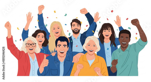 Diverse group of happy people celebrating success with confetti representing teamwork and achievement isolated on white background