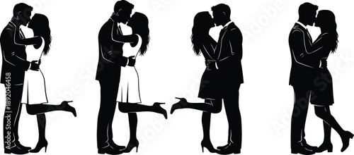 Silhouettes of kissing couples in romantic embrace, elegant lovers' poses, vector black-and-white illustration, wedding engagement and date scenes, stylish fashion silhouettes