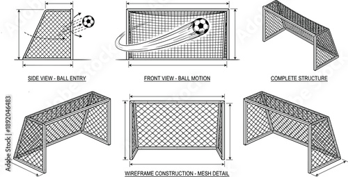 Soccer goal technical drawing set, football net dimensions and structure diagrams, ball motion illustration, sports equipment engineering line artworkSoccer goal technical drawing set, football net