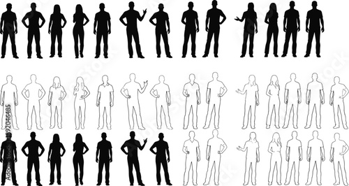 Standing human silhouettes collection, male and female figure set, full-body outline and solid icons, versatile person poses for design, avatars