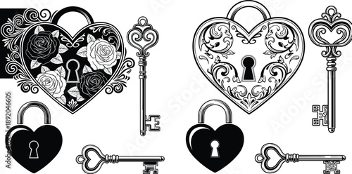 Vintage heart padlocks and ornate skeleton keys, romantic lock and key set, floral filigree heart design, antique love symbols, vector black and white illustration