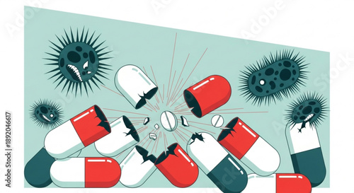 Antibiotics destroying bacteria with capsules and pills on green background effectively