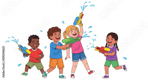 Diverse group of happy children playing with water guns splashing water in a fun summer outdoor activity isolated on white background
