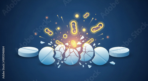 Breaking pills with exploding chain links on dark blue background symbolizing medication freedom or addiction
