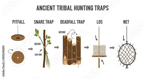 Ancient tribal hunting traps pitfall snare deadfall los and net traps illustrated