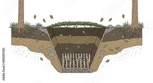 Cross section of soil layers with tree roots and underground water table ecosystem