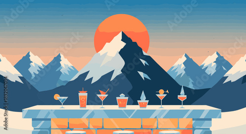 Row of colorful cocktails at outdoor snow bar with alpine mountains behind in clean retro poster style with textured grain and open space for winter resort promotions