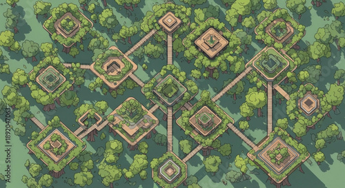 Aerial view of a serene garden with symmetrical paths and green spaces surrounded by trees and water