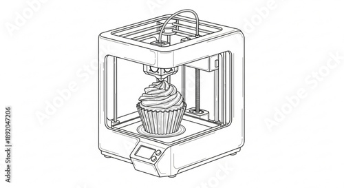 3d printer creating a cupcake with frosting in a transparent build chamber