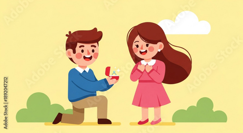 Man proposing marriage with a ring to a surprised woman romantic proposal scene flat vector illustration for engagement and wedding concepts