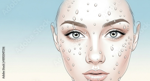 Woman's face with water droplets on skin close up illustration hydration concept skincare beauty facial care water droplets healthy skin