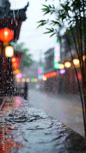 Wallpaper Mural Rainy street view with blurred lights, vibrant reflections, and water splashing on a wet ledge Torontodigital.ca