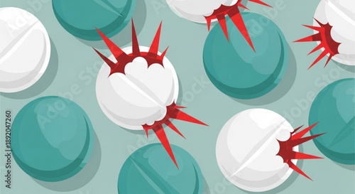 Pills with red spiky effects on a light blue background representing medication side effects or health risks