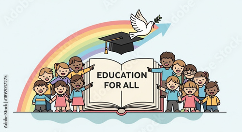 Diverse group of children celebrating education for all with a graduation cap rainbow and dove of peace symbolizing global learning and opportunity