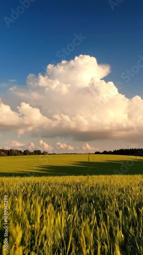 Wallpaper Mural Vast green field under a deep blue sky, dramatic golden-lit clouds, and distant forest horizon Torontodigital.ca