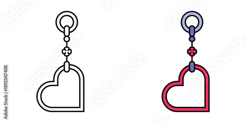 Heart charm with chain and ring, vector illustration outline and colored