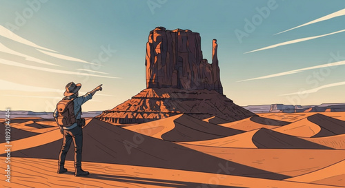 Man standing in desert landscape pointing at iconic rock formation under blue sky with wispy clouds